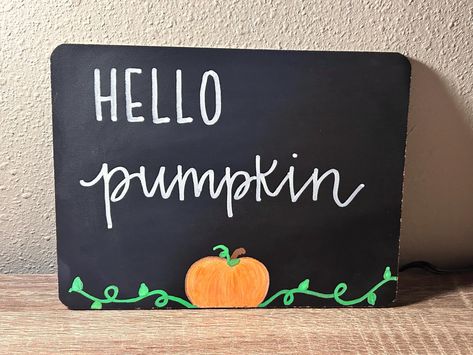 Used for decoration, photo props, party supplies, and so much more! "Hello Pumpkin" 5.8" x 7.7" hand lettered chalkboard sign. Sealed with clear enamel spray.  Signs may vary slightly due to each one being freehanded! *Follow me on TikTok @PaigeEverAfter Fall Chalk Boarder Designs Easy, Pumpkin Chalkboard Art Easy, Fall Chalkboard Signs, Fall Chalkboard Art Easy, Pumpkin Chalkboard Art, September Chalkboard Art, Fall Chalkboard Ideas, Pumpkin Chalkboard, Fall Chalkboard Art