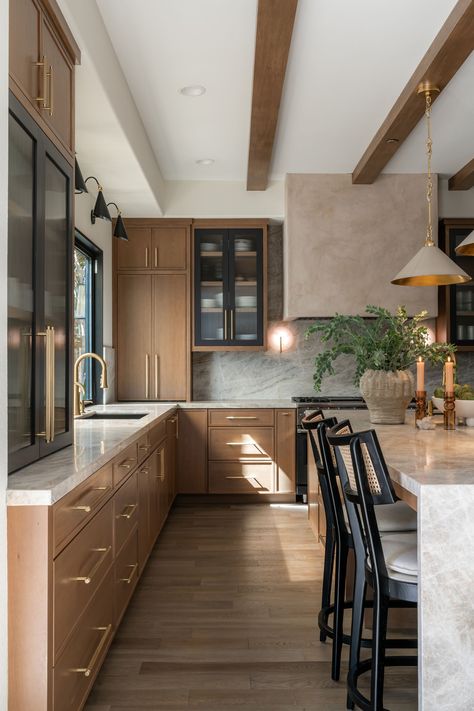 Refined Oak & Stone — M. Swabb Rift White Oak Cabinets, Moody Organic Modern Kitchen, White Oak And Black Kitchen Cabinets, Red Oak Cabinets Kitchen, Black And White Oak Kitchen, Prairie Style Kitchen, Quartzite Countertops And Backsplash, Natural Maple Kitchen Cabinets, Black And Oak Kitchen