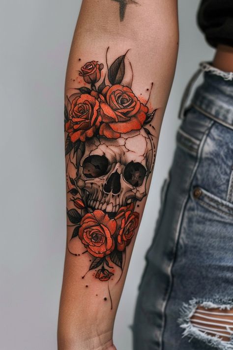 Edgy Tattoo Designs for Women Rose Tattoos For Women Sleeve, Decaying Rose Tattoo, Flower And Skull Tattoos For Women, Crow And Rose Tattoo, Rose Arm Sleeve Tattoos For Women, Women’s Skull Tattoo, Realistic Flowers Tattoo, Skull Rose Tattoo For Women, Steampunk Skull Tattoo