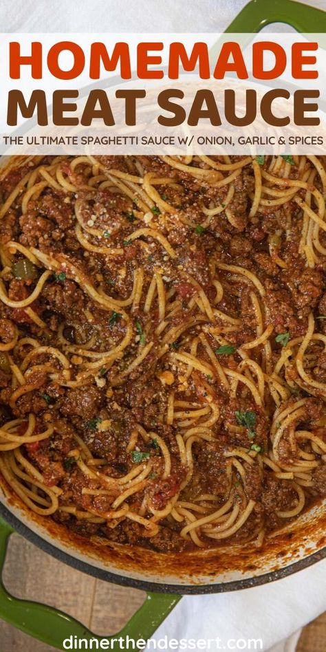 Spaghetti Meat Sauce Ground Beef Italian Sausages, Spaghetti Sauce With Italian Sausage And Ground Beef, Spaghetti Sauce With Mushrooms And Peppers, Spaghetti Meat Sauce Raos, Brown Spaghetti Sauce, Ground Beef Spaghetti Recipes, Meat Sauce Spaghetti, Hamburger Dinners, Ultimate Spaghetti