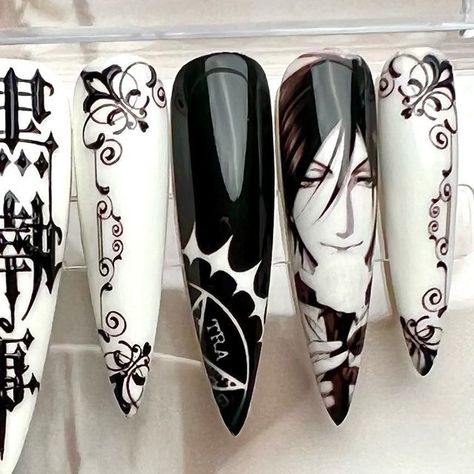 Amie on Instagram: "Unveil the elegance and mystery of Black Butler with our stunning, inspired nail set!  Whether you’re attending a Phantomhive ball or tackling daily tasks, various lengths are ready to suit your style! 💅🌟🖤  #blackbutlernails" Rainbow Nails Design, Dark Elegance, Acrylic Nail Set, Gothic Nails, Anime Nails, Stiletto Nails Designs, Ombre Nail Designs, Rose Nails, Short Nail Designs