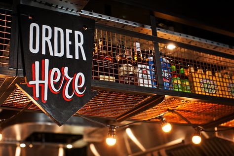 Order Here Sign, Street Food Design, Small Restaurant Design, Typography Design Inspiration, Pub Design, Bbq Restaurant, Restaurant Concept, Container Design, Bar Interior