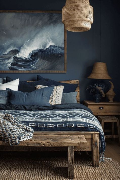 Dark Blue Rooms, Dark And Moody Bedroom, Dark Blue Bedrooms, Moody Bedroom, Modern Bedroom Interior, Modern Bedroom Design, Blue Rooms, Woodworking Videos, Decoration Inspiration