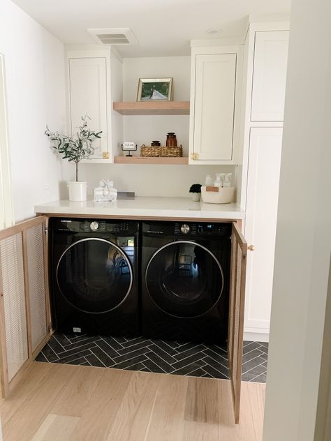 A Hidden Hallway Laundry Nook - Gather House Cane Cabinet Doors, Hidden Hallway, Hall Laundry Room, Hall Laundry, Laundry Bathroom Combo, Cane Cabinet, Hallway Laundry, Laundry Nook, Hidden Laundry