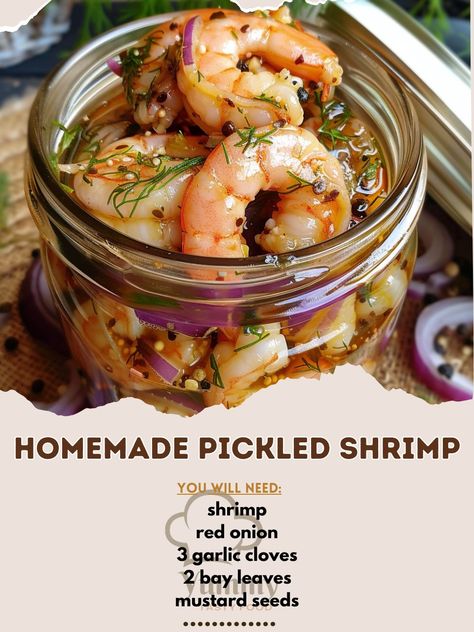 Pickled Shrimp With Capers, Picked Shrimp, Pickled Shrimp Recipe, Diy Pickles, Pickling Brine, Pickled Shrimp, Mustard Seeds, Shrimp Recipe, Pickled Red Onions