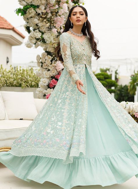 Farah Talib Aziz. Alishay Kalidaar Front Open Gown, Party Wear Gowns, Frock Designs, Long Frock Designs, Long Gown Design, Dressing Ideas, Long Frock, Frock For Women, Engagement Dress