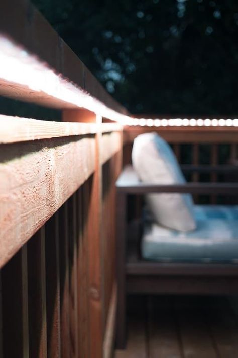 Add ambient lighting to the underside of your deck railing with outdoor rope lights! Outdoor Rope Lights, Outdoor Deck Lighting, Lighting Garden, Solar Landscape Lighting, Club Lighting, Solar Deck Lights, Step Light, Deck Stairs, Deck Railing