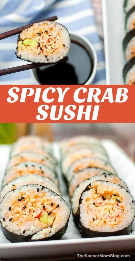 This spicy crab sushi roll is a restaurant-worthy treat that’s easy enough for beginners to make at home, with zesty crab salad and crunchy cucumbers. Make this delicious and budget-friendly recipe without leaving the house. Try this quick and easy recipe today! How To Make Veggie Sushi Rolls, Spicy Crab For Sushi, Imitated Crab Sushi, Sushi Recipes With Crab, Spicy Crunchy Crab Sushi Roll, Crab Sushi Roll Recipes, Crab Rangoon Sushi Roll Recipe, Different Sushi Rolls, Cucumber Crab Sushi Roll