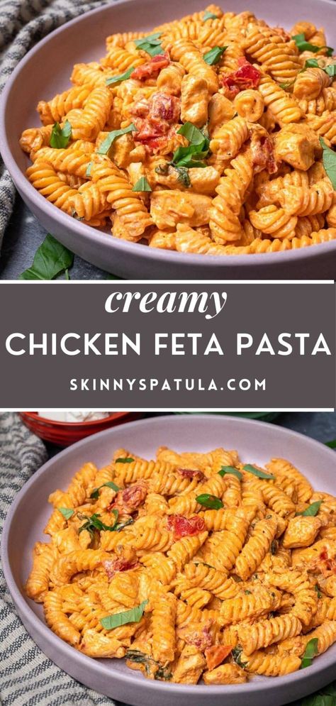 Creamy Chicken Feta Pasta Feta Cheese Chicken Pasta, Family Dinner Recipes Pasta, Chicken Feta Pasta Recipes, Healthy Feta Pasta, Chicken Recipes With Feta Cheese, Bacon Feta Pasta, Healthy Pasta Recipes Protein, Easy Recipes With Feta Cheese, Chicken And Chickpea Pasta Recipes