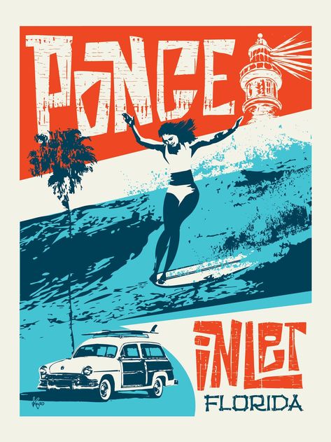 Feel the retro surf vibe from my posters of Florida. Retro Poster Design Graphics, Brazil Surfing, Surf Rock Aesthetic, Retro Surf Aesthetic, Vintage Surf Posters, 50s Beach, Vintage Beach Posters, Surf Artwork, 3d Sphere