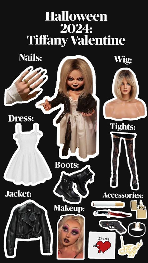 Halloween 2024 costume idea and breakdown:Tiffany Valentine Tiffany Costume, Tiffany Valentine, Jolly Phonics, Valentines Nails, Wigs, Tights, Halloween, Boots