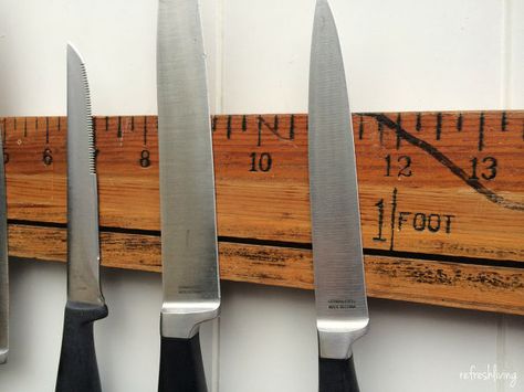 diy magnetic knife holder with a vintage ruler, diy, how to, kitchen design, repurposing upcycling Cooking Utensil Storage, Vintage Ruler, Diy Spice Rack, Magnetic Knife Rack, Magnetic Knife Holder, Diy Spices, Knife Rack, Knife Storage, Wood Knife