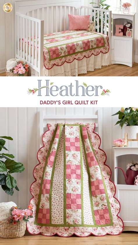 This sweet Daddy's Girl quilt was designed by Shabby Fabrics featuring the Heather Collection designed by Jennifer Bosworth for Maywood Studio. The delicate florals in pink, cream and green create a soothing, soft and pretty feel. It is a perfect size for a crib quilt and is sure to provide your little one with warmth, comfort, and security, creating memories that will last a lifetime. Girls Quilts Ideas, Girl Baby Quilts, Baby Girl Quilt Ideas, Girl Quilts, Kids Quilts, Quilts Patterns, Quilt Sewing Patterns, Baby Quilt Patterns, Childrens Quilts