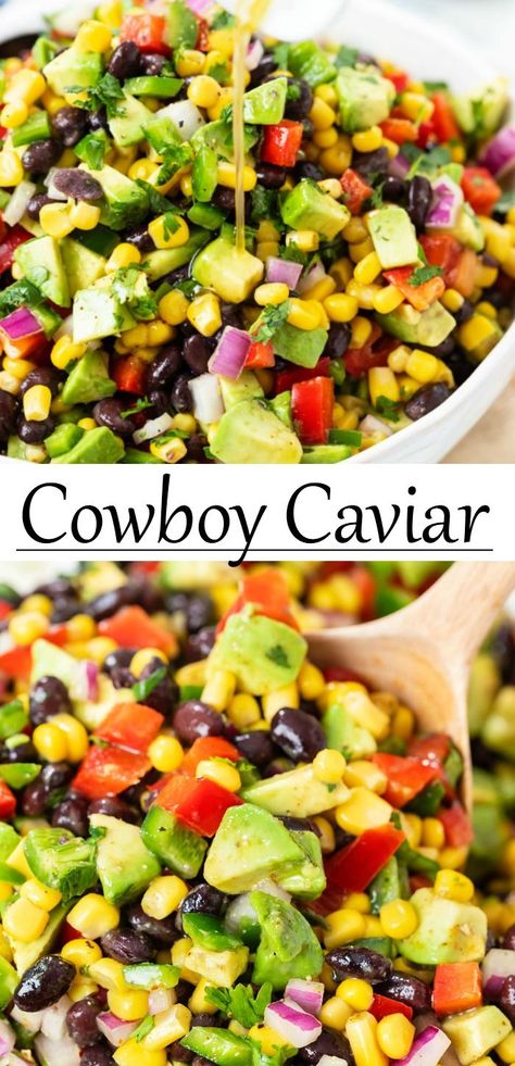 This Cowboy Caviar recipe is a great BBQ Side Dish Idea that takes minutes to make! It comes with an easy homemade dressing or use Greek or Italian Dressing for a quick shortcut. #diprecipes… More Cowboy Caviar Natasha's Kitchen, Black Bean Corn Dip Recipe, River Dinner Ideas, Healthy Dinner Recipes For A Crowd, Easy Cowboy Caviar Recipe, Cowboy Caviar Dressing Recipe, Guacamole Salad Recipe, Mexican Corn Dish, Cowboy Caviar With Avocado