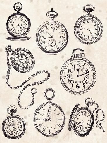 size: 12x9in Art Print: Pocket Watch Sketches II by June Vess : Pocket Watch Drawing, Chain Drawing, Candela Obscura, Vintage Planner, Clock Illustration, Clock Drawing, Edward Tulane, Horology Design, Watch Sketch