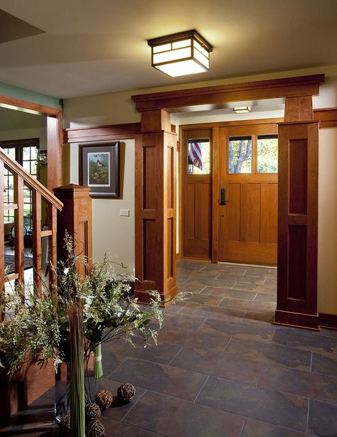 Cozy Craftsman Interior, Craftsman Family Room, Craftsman Foyer, Craftsman Style Homes Interior, Craftsman Style Interiors, Craftsman Entry, Craftsman Interior Design, Craftsman Interiors, Craftsman Home Interiors