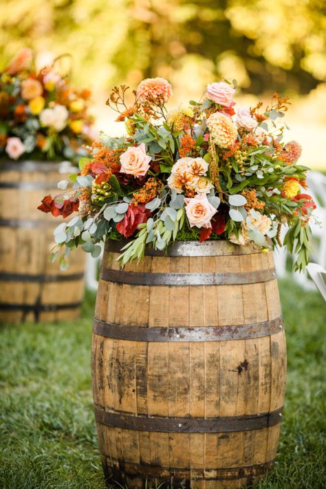 Florals by Ruffled Willow Whiskey barrel rented through The Silo Barrels For Wedding, Wine Barrel Flower Arrangements, Whiskey Barrel Flowers, Wine Barrel Wedding Decor, Whiskey Barrel Decor, Barrel Wedding Decor, Barrel Flowers, Wine Barrel Wedding, Fall Country Wedding