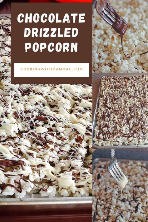 Popcorn Chocolate Drizzle, Drizzle Popcorn Recipe, Popcorn Drizzled With Chocolate, Black And White Snacks Party Ideas, Chocolate Covered Popcorn How To Make, Popcorn Chocolate Drizzle Recipes, Chocolate Popcorn Recipe Easy, Popcorn With Chocolate Drizzle, Chocolate Covered Popcorn Recipe