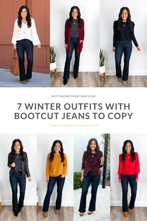 Bootcut Jeans For Work, Jeans With Boots Outfit Winter, Womens Bootcut Jeans Outfits, Bootleg Jeans Outfit Winter, Black Turtleneck With Jeans, What To Wear With Bootcut Jeans, Dark Bootcut Jeans Outfit, Bootcut Jeans Outfit Spring, Styling Bootcut Jeans Outfit Ideas