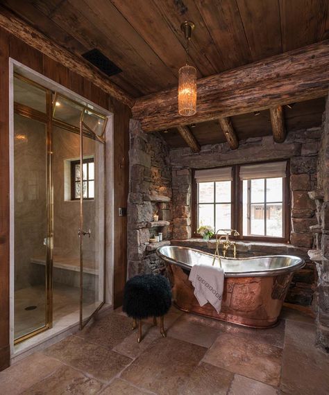 Rustic-modern mountain ranch nestled in the rugged Montana landscape Montana Landscape, Log Home Decorating, Cabin Bathrooms, Mountain Ranch, Rustic Bathroom Designs, Rustic Home Design, Rustic Bathrooms, Modern Mountain, Log Cabin Homes