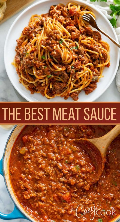 meat sauce with spaghetti on a white plate on the top and meat sauce in a skillet on the bottom Best Meat Sauce, Spaghetti Beef Recipe, Meat Sauce Recipe, Best Spaghetti Sauce, Homemade Spaghetti Sauce Recipe, Homemade Meat Sauce, Spaghetti Recipes Easy, Spaghetti Meat Sauce, Best Spaghetti