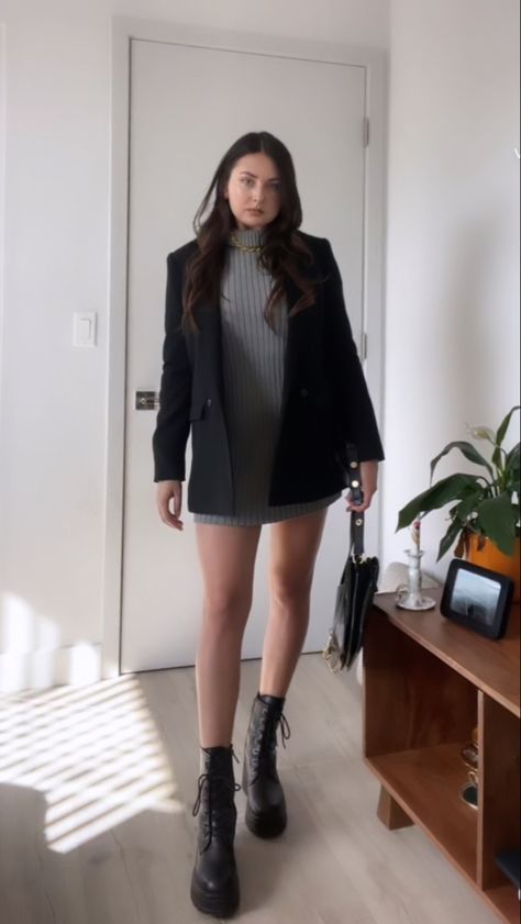 Turtle neck dress, black blazer, combat boots, fall chic, Combat Boots And Dress Outfit, Turtle Neck With Dress, Combat Boots Dress Outfit, Dress With Combat Boots Outfit, Combat Boots And Dresses, Combat Boots Dress, Turtle Neck Dress Outfit, Dress With Combat Boots, Combat Boot Outfits