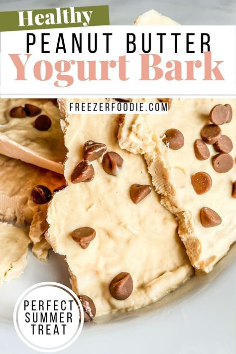 Frozen Peanut Butter Yogurt Bark topped with chocolate chips on a plate Yogurt Bark Recipe Frozen, Greek Yogurt Snacks, Bark Recipes Easy, Yogurt Recipes Healthy, Frozen Peanut Butter, Yogurt Bark Recipe, Frozen Yogurt Bites, Peanut Butter Yogurt, Frozen Yogurt Bark