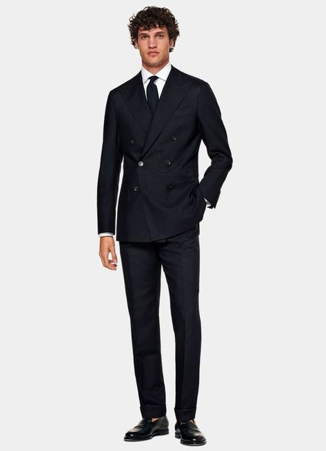 Available as a suit or separates, this sleek navy double-breasted Havana suit is tailored slim and is accompanied by our mid-rise Vigo trousers bring a touch of Italian-inspired elegance that instantly elevates any style. Casino Royale Outfit Men, Double Breasted Suit Men Wedding, Black Double Breasted Suit, Double Breasted Suit Men, Interview Suits, Formal Suits Men, Suit Supply, Collage Material, Custom Made Suits