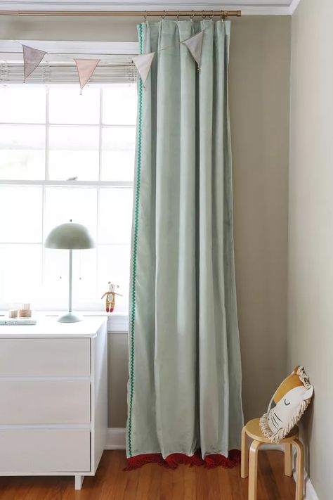 Add Trim To Curtains, Adding Trim To Curtains, Mint Green Curtains, Summer Drive, Alaska House, Curtain Tutorial, Curtain Trim, Ruffle Curtains, Green Curtains