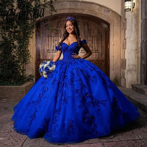 Royal Blue Quince Dress, Quince Blue, Quinceanera Dresses Off The Shoulder, Blue Quince Dress, Royal Blue Ball Gown, Quince Planning, Royal Blue Quinceanera Dresses, Blue Quinceanera Dresses, Royal Blue Quinceanera