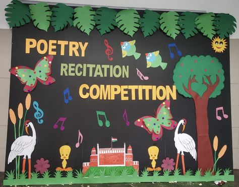 Craft Recitation Competition Decoration, Kids Crafts Preschool, Kindergarten Syllabus, Poetry Competition, Soft Board Decoration, English Rhymes, Competition Board, Singing Competition, Theme Board