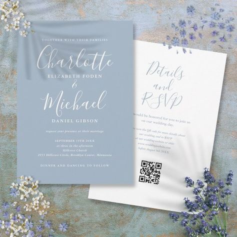 $1.98 | Elegant Script Dusty Blue Modern QR Code Wedding - all in one wedding invitation, qr code, modern affordable wedding, rsvp and reception details, simple inexpensive wedding, budget wedding, minimalist, simple, cheap wedding, dusty blue Dusty Blue Wedding Invitations, Dusty Blue Wedding Invitation, Style Names, Timeless Wedding Invitations, Wedding Minimalist, Qr Code Wedding, Blue Wedding Invitation, Blue Wedding Inspiration, White Wedding Theme