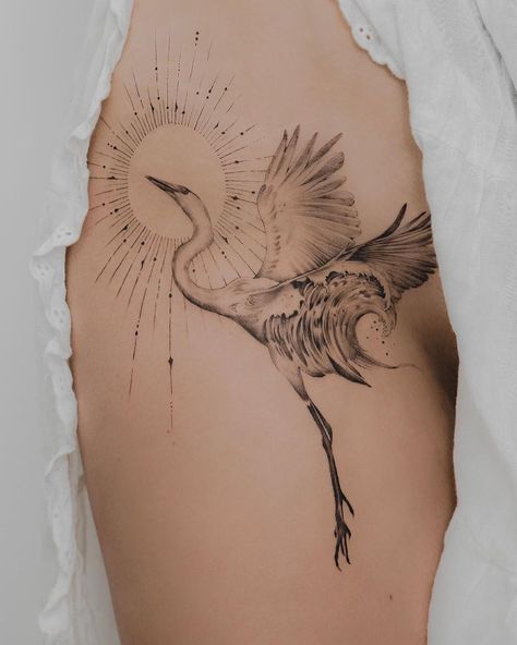 Crane Wife Tattoo, Crane Flying Tattoo, Japanese Crane Tattoo Back, Whooping Crane Tattoo, Bird Arm Tattoos For Women, Red Crowned Crane Tattoo, White Crane Tattoo, Reincarnation Tattoos, Herron Tattoo