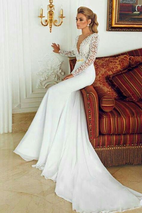 Slim Wedding Dresses, Long Sleeve Bridal Dresses, Chiffon Wedding Gowns, Long Sleeve Homecoming Dresses, White Lace Wedding Dress, Pnina Tornai, Wedding Dress Chiffon, White Prom Dress, Top Wedding Dresses