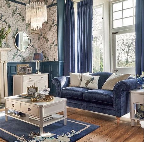 Laura Ashley USA on Instagram: “The elegant peacock adorned Belvedere Midnight Wallpaper is a beautiful touch to any interior. So luxe and inviting!” Laura Ashley Living Room, Laura Ashley Wallpaper, Laura Ashley Home, Interior Design Advice, Traditional Living Room, Blue Rooms, Childrens Room Decor, Large Table, Wallpaper Living Room