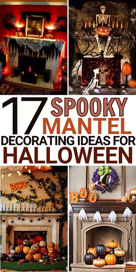 Halloween Fireplace Mantle, Halloween Mantel Decor, Halloween Mantle Decor, Halloween Fireplace, Halloween Living Room, Mantel Decor Ideas, Mantel Ideas, Halloween Mantle, Halloween Mantel