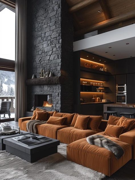 Explore 31 Chic Living Room Ideas Featuring Dark Brown Sofas - placeideal.com Black Home Aesthetic Living Room, Copper Interior Design Living Room, Dark Scandinavian Interior, Dark Modern Living Room, Dark Brown Sofas, Moody Living Room, Black Bedroom Design, Black Living, Dark Living Rooms