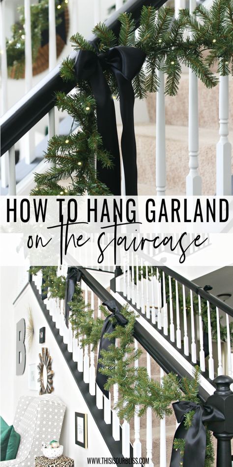 How to Hang Garland on the Staircase // This is our Bliss Garland On Small Staircase, Staircase With Garland, Garland Down Staircase, Garland On Bannister Christmas, How To Drape Garland On Staircase, Simple Stair Garland Christmas, Stair Case Garland Ideas, Diy Christmas Banister Garland, Garland And Ribbon On Stairs