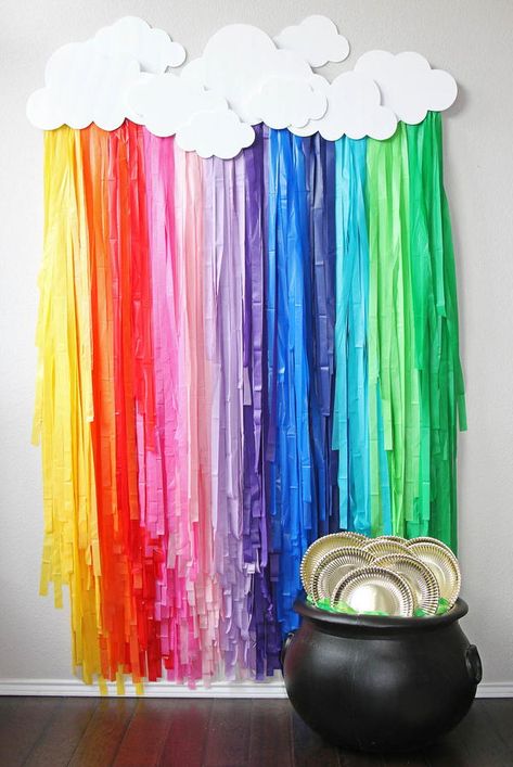 If you're looking for a place to post up and take selfies for St. Patrick's Day, you're in luck. This DIY rainbow fringe will create the perfect photo booth backdrop for this lucky holiday. With a few inexpensive supplies and some patience, you'll have a rainbow fringe in no time. Pair it with a pot of gold and gather all your lucky friends and family. The colorful backdrop is the best way to make memories this St. Paddy's Day! Diy Rainbow Decorations, Rainbow Fringe, Colorful Backdrop, Rainbow Themed Birthday Party, Rainbow Backdrop, Rainbow Diy, Fringe Backdrops, Diy Rainbow, Rainbow Room