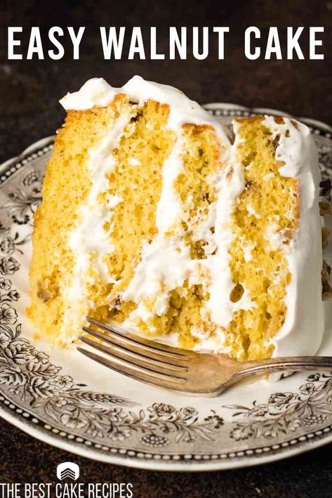 The cake we’re talking about today does have nuts. Black walnuts to be exact. Black walnuts are in a nut category of their own. The have a unique flavor that my husband loves. BUT… you can make this cake with English walnuts…or leave them out altogether to make your family happy! #layercake #yellowcake #walnutcake #dessert Walnut Cake Recipe Easy, Walnut Cakes, Black Walnuts Recipes, Black Walnut Cake, Almond Torte, Homemade Yellow Cake, Yellow Cake Mix Recipes, Ground Hog, Strawberry Cream Cakes