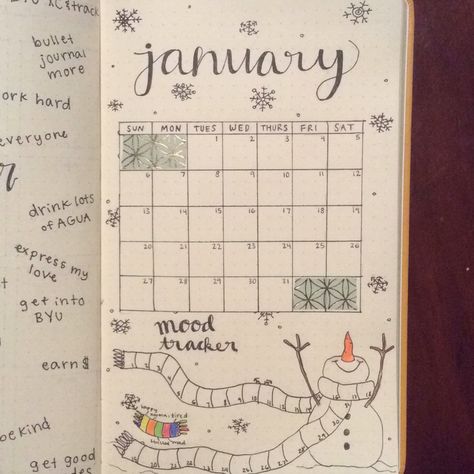 January bullet journal monthly spread/page-- cute snowman habit tracker & calendar #bulletjournal #monthlyspread #january #moodtracker January Aesthetic Month Calender, January Dot Journal Ideas, January Bujo Calendar, Bujo January Monthly Spread, January Bujo Spread, Calendar Ideas January, January Calendar Ideas, January Monthly Spread, January Bullet Journal Calendar