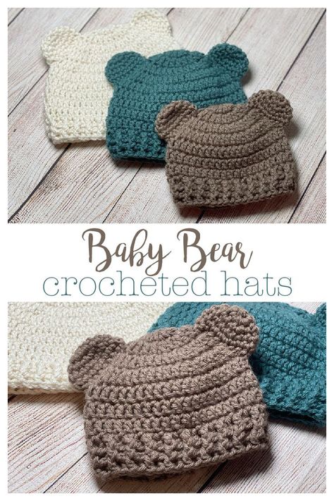 Simple crocheted baby bear hat in 3 sizes 0-3, 3-6, and 6-12. The hats are a basic double crochet hat with a post stitch ribbing and little bear ears. 12 Month Old Crochet Hat Free Pattern, Baby Hat And Booties Crochet Pattern, Crochet Baby Hat With Bow, Crochet Bear Hat Pattern Free, Crochet Patterns For Baby Boys, Free Easy Amigurumi Crochet Patterns, Free Baby Hat Crochet Pattern, Crochet Woodland Animals Free Pattern, Preemie Crochet Patterns Free