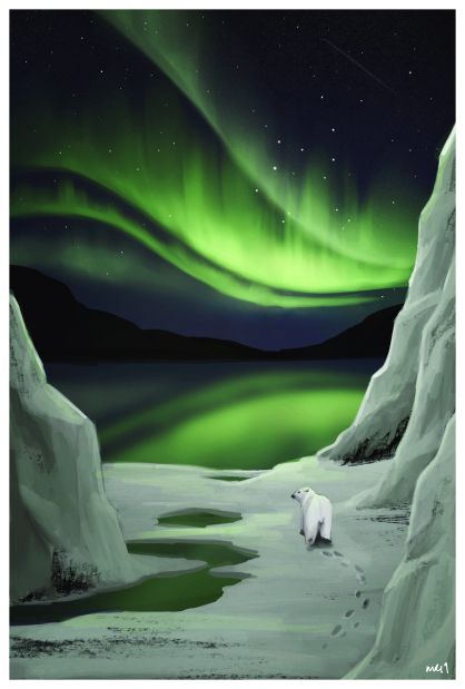 Arctic Landscape Illustration, Arctic Landscape Art, Northen Light Drawing, Northen Lights Watercolor, Artic Painting, Arctic Drawing, Northern Lights Illustration, Arctic Illustration, Arctic Painting