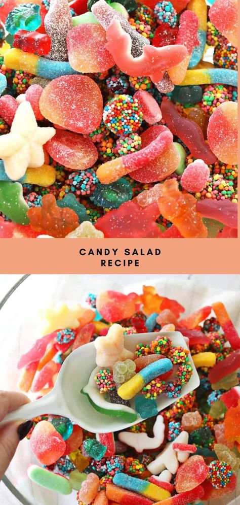 Candy Salad - A Beautiful Mess Halloween Candy Salad, Candy Salad Ideas, Candy Salad Tiktok, Food Mashups, Hawaiian Candy, Spooky Foods, Watermelon Gummies, Orange Julius Recipe, Reeses Candy