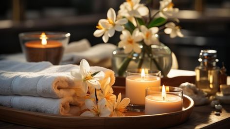 Free photo spa setting with a lit candle... | Free Photo #Freepik #freephoto #peaceful #calm #luxury #leisure Spa Event, Spa Landscaping, Spa Images, Body Massage Spa, Spa Candle, Fluffy Towels, Spa Set, Spa Decor, Relax Spa