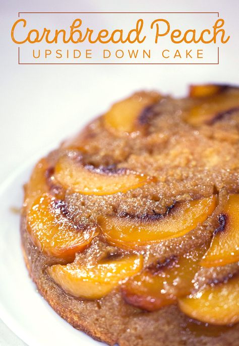 Peach Upside Down Cornbread Cake, Pineapple Upside Down Cornbread, Peach Cornmeal Cake, Hot Honey Peach Cornbread, Peach Cornbread Muffins, Cornbread Dessert Recipes, Cornbread Mix Recipes Ideas, Cornbread Leftovers, Peach Cornbread