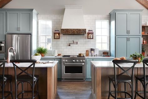 Nothing says a kitchen built for entertaining like double kitchen islands. Splitting them up creates a direct walkway to the stove and the refrigerator without compromising the extra storage and countertop space of a large island. Kitchens With Two Islands, Double Island, Distressed Decor, Fixer Upper Kitchen, Architecture Renovation, Counter Seating, Farmhouse Paint Colors, Island Kitchen, Up House