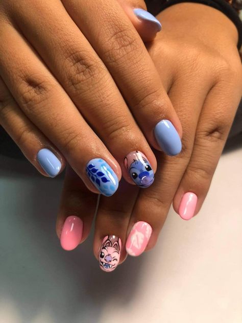 Short Acrylic Nails Stitch, Lilo And Angel Nails, Blue Nails Disney, Stitch Fake Nails, Stitch And Angel Nail Art, Stitch Fingernails, Nails Design Stitch, Stitch And Angel Nails For Kids, Stitch Nails Simple