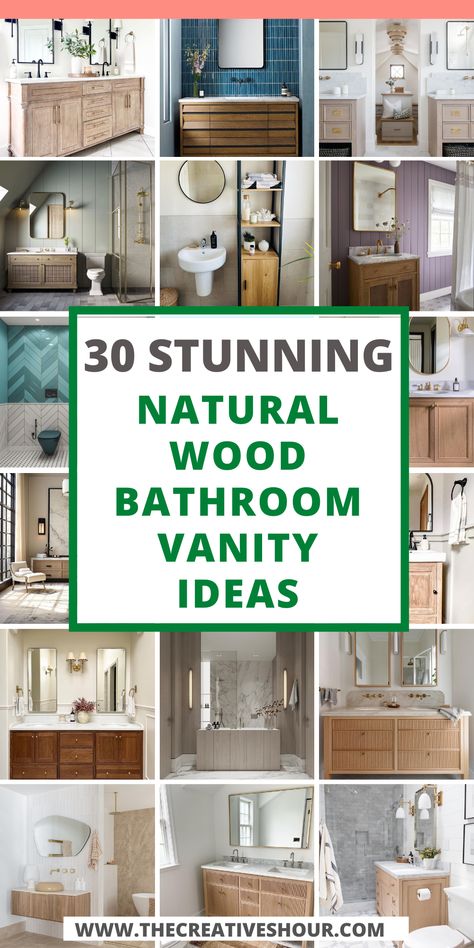 Discover the perfect blend of nature and modern design with these wood bathroom vanity ideas. Whether you're aiming for a farmhouse-inspired look, pairing natural wood with dark floors, or adding a touch of luxury with gold or black hardware, these ideas infuse your bathroom with a warm, organic feel. Explore the seamless integration of natural wood into your bathroom, complete with linen cabinets and contrasting floor designs. Bathroom Dark Floors White Cabinets, Natural Wood Bathroom Vanities, Bathrooms With Natural Wood Vanity, White Bathroom With Dark Vanity, Natural Vanity Bathroom Ideas, Bathrooms With Dark Wood Vanities, Bathroom Remodel Natural Wood, Wood Vanity With Black Hardware, Bathrooms With Wood Vanities