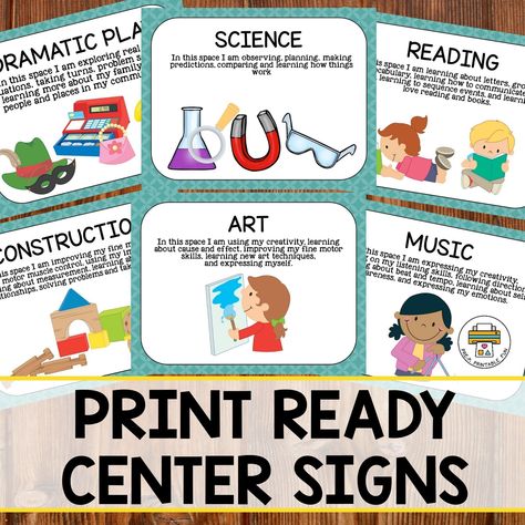 Here are your free Learning Center Signs! | Flodesk Classroom Center Signs, Preschool Center Signs, Learning Centers Preschool, Preschool Play, Construction Play, Science Reading, Preschool Centers, Classroom Centers, Dramatic Play Centers